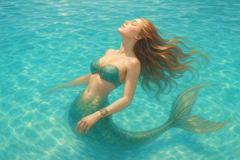 美人鱼在晶莹剔透的海里漂浮,面容面向天空,能清晰地看到手上有手环